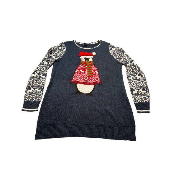 New Directions Womens XL Blue 3D Penguin Christmas Sweater Festive Knit Design - Picture 1 of 9